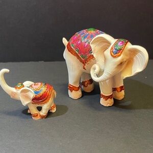 Mother and Baby Elephant Figurines Resin Painted Rhinestones